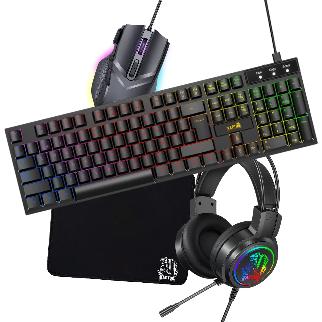 Combo Gamer Raptor Teclado Membrana 104 teclas + Mouse RGB 7200dpi + Mouse Pad S + Auricular 3.5 (3088)