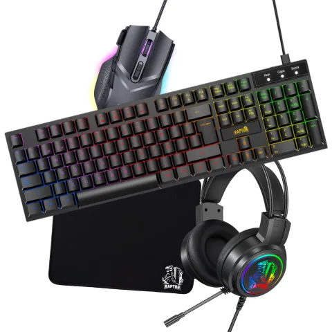 Combo Gamer Raptor Teclado Mecánico 104 Teclas + Mouse RGB 7200dpi + Mouse Pad S + Auricular 3.5 (3088)